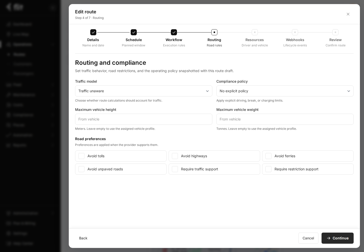 Real Flit portal screen showing route routing and compliance settings