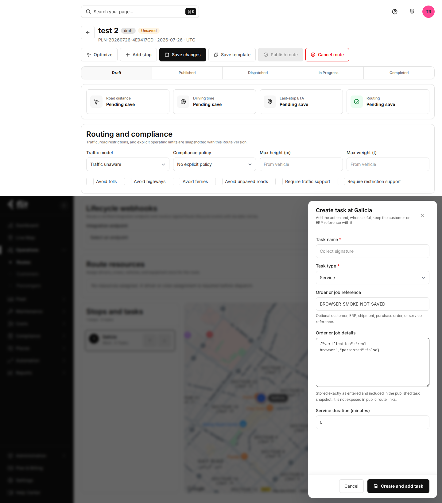 Real Flit portal screen showing task creation and route configuration